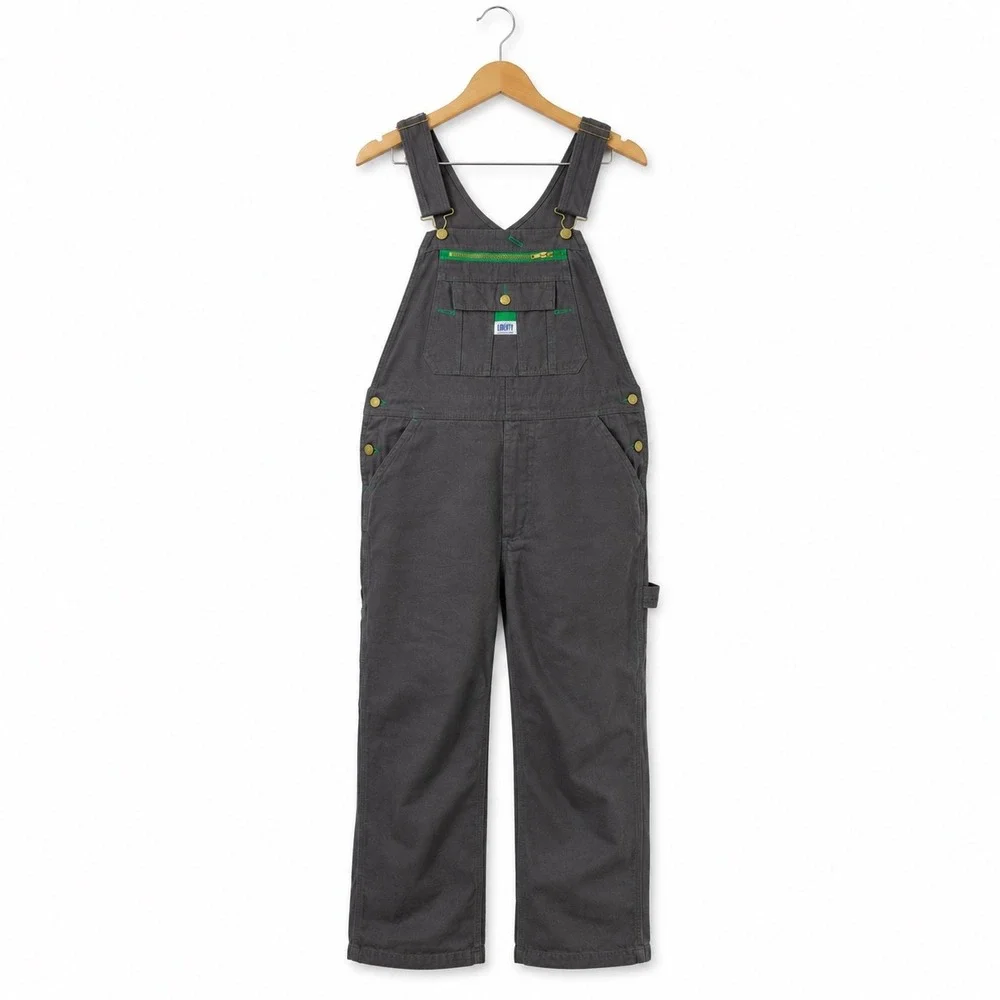 Liberty Overalls Men Charcoal Gray Canvas Bib Workwear Carpenter Pants Green Zip